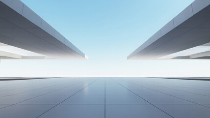Fototapeta premium Abstract architectural background with modern geometric structures and bright sky.