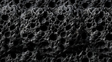 Naklejka premium Rough porous volcanic rock surface displaying dark grey textures with deep crater patterns captured in sharp high resolution macro photography