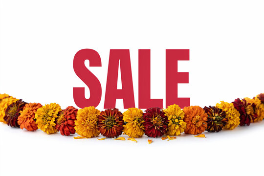 A clean white gift box is beautifully tied with a vibrant red ribbon and an elegant bow standing adjacent to the prominent bold red uppercase letters spelling out the word SALE