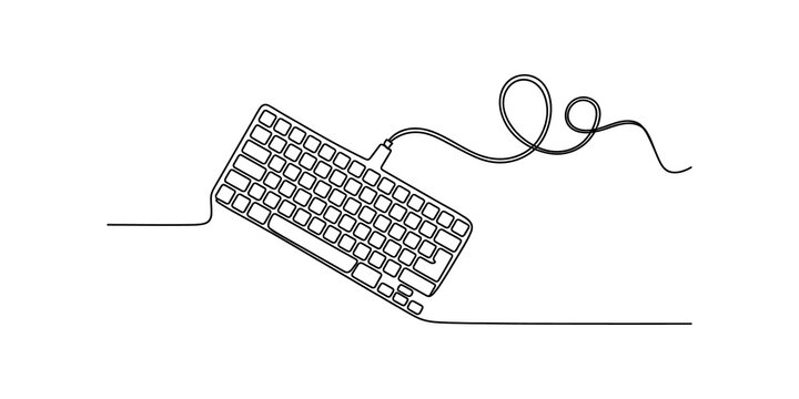 Continuous one line drawing of a computer keyboard with a cable