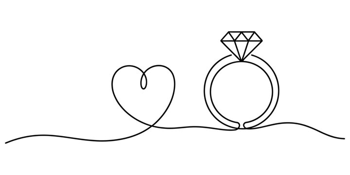 Continuous single line drawing of a heart shape and a diamond engagement ring for wedding and romantic love concept Vector, illustration