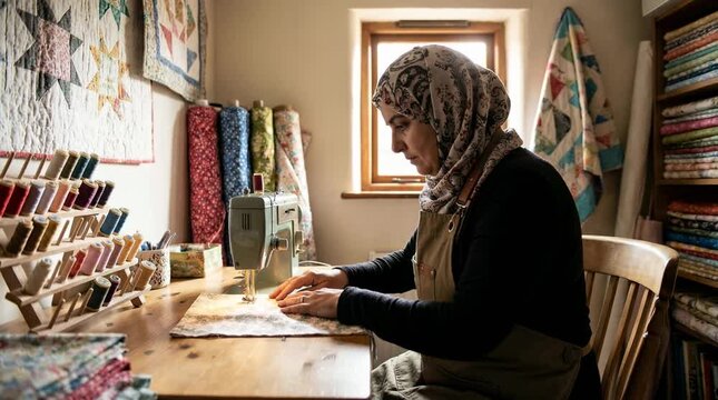 A woman sewing at a machine with fabric and thread for the concept of craft and hobby.