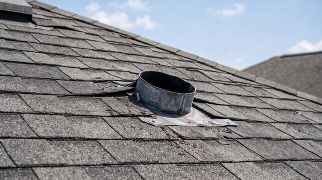 Damaged Asphalt Shingles Around Roof Vent Pipe Flashing - Roof Pipe Flashing Damage and Roof Leak Maintenance Concept