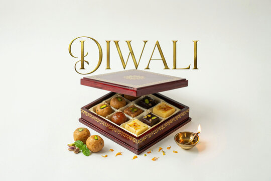 Golden stylized DIWALI text above a beautiful open box containing various delicious traditional Indian sweets next to a small lit oil lamp and marigold petals