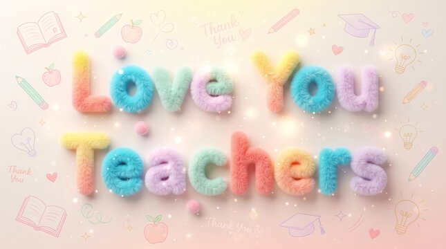 Colorful 3d text reading love you teachers with soft pastel background and decorative confetti for appreciation day