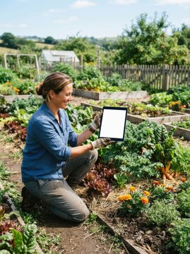 A beautiful and colorful organic vegetable patch with neat rows. A farmer kneels beside the crops holding a tablet with. Clean background, bright daylight screen mockup