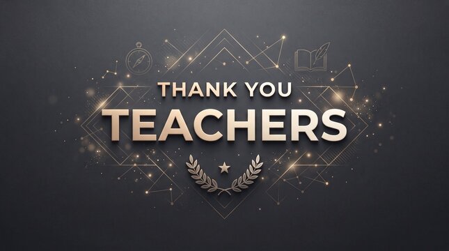Elegant thank you teachers greeting card design with gold typography and decorative school supplies on dark background