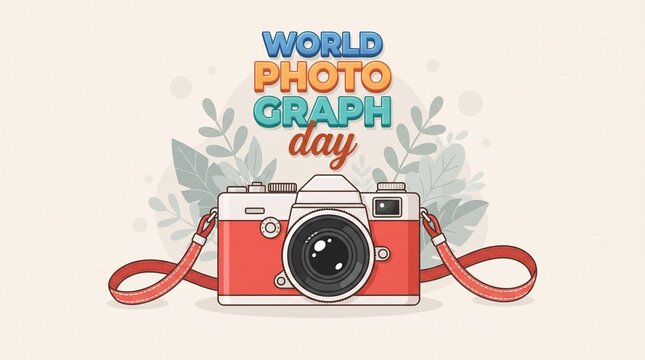 World photography day celebration poster with a vintage red camera and decorative floral elements on light background