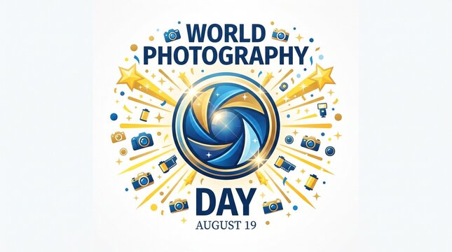 World photography day celebration graphic with camera lens icon and decorative elements on a white background