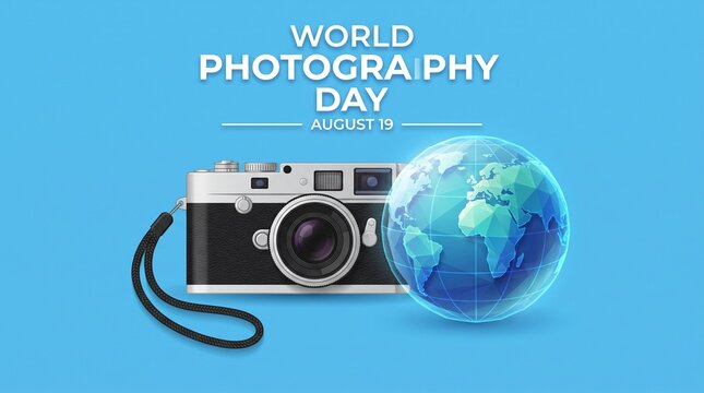 World photography day celebration concept with a vintage camera and a glowing blue earth globe illustration