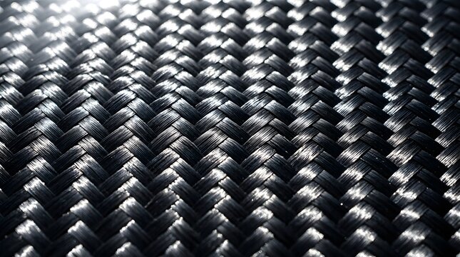 Black braided synthetic material showing intricate woven patterns with glossy reflections captured in a high contrast close up photography style