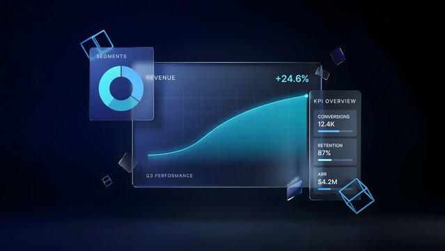 Holographic financial dashboard with glowing blue panels in dark void &ndash; Perfect for fintech user interfaces, trading analytics, or financial reporting software.