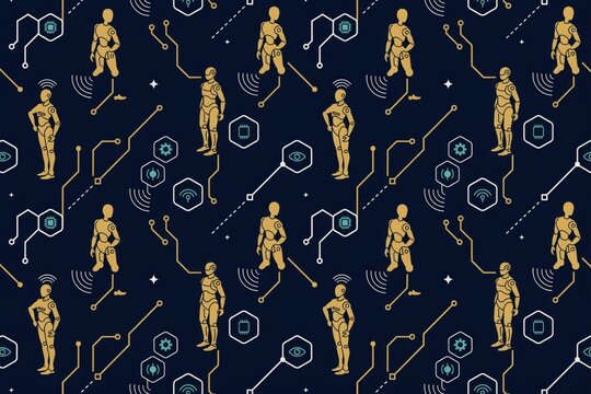 Seamless pattern with robotic figures, circuit board lines, hexagonal and digital network symbols on a dark navy blue background