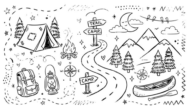 Camping scenic route doodle pattern white background collection | Hand drawn scribble border outdoor adventure icons tent mountains forest playful editable stroke vector illustration