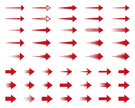 Collection of red directional arrow graphics with speed motion effects direction collection movement illustration pointing navigation abstract elements business isolated