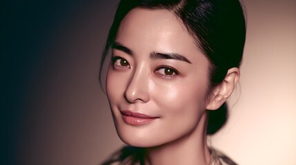 Fototapeta premium Close up portrait of a beautiful young Asian woman with dark hair and expressive brown eyes smiling gently