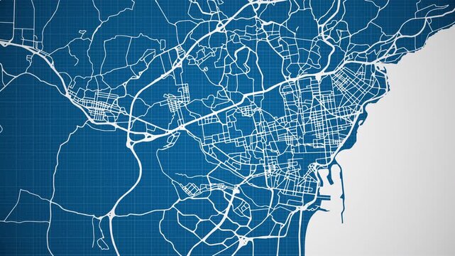 Ink reveal animation of Catania city, Sicily, Italy, grid map. Aerial top view. Blueprint style. White lines with blue background. 4K Seamless loop.