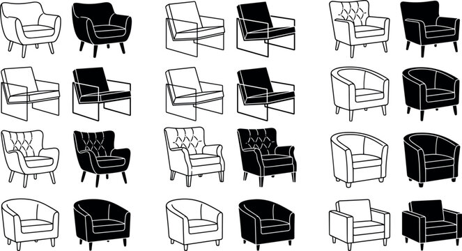 Armchair and sofa furniture icon set featuring modern living room chairs in hand drawn linear sketch and black silhouette styles