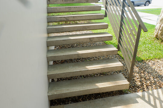 Stairs in the city,Granite stairs near subway,Stone stairway Modern,concrete stairs and metal railings outside,Empty modern building stairway composition..