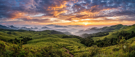 Obraz premium Beautiful Ranipuram hill station with rolling grasslands, mist-covered mountains and pristine Western Ghats landscape in Kerala India