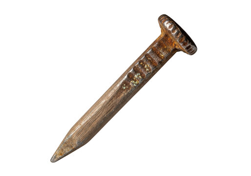 A single old rusty metal nail isolated on a plain surface for construction work isolated on transparent background