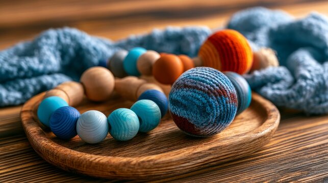 Colorful Baby Teething Ring Set and Sensory Rattle on Wooden Plate