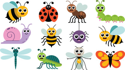 Naklejka premium Cute Cartoon Bug and Insect Character Vector Set with Funny Bee, Ladybug, Caterpillar, Snail, Spider, and Butterfly Mascot Symbols for Kids Educational Graphic Designs