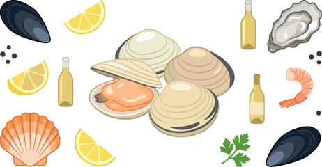 Flat vector illustration of gourmet marine seafood set including raw clams oyster scallop mussels peeled shrimp and miniature wine bottles © Nasrin