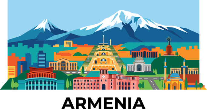 Colorful artistic illustration featuring iconic landmarks of armenia set against the majestic snow capped mount ararat peaks