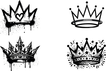 Graffiti spray paint crown icon set featuring king queen royal tiara silhouettes with grunge drips isolated on white background © Hachhada