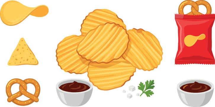 Flat vector illustration of crispy potato chips snacks set including pretzels nachos dip bowls and red packaging bag on white background