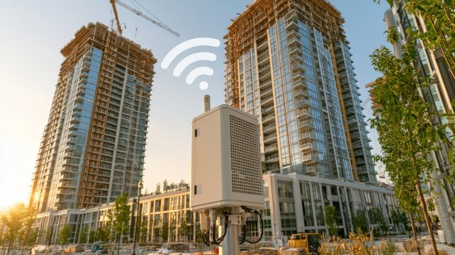 Compact 5G Cell Antenna Node Mounted Near Pedestrian Area at Construction Site