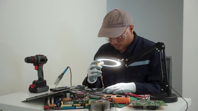 Electronics technician repairing a printed circuit board in a modern repair lab. PCB diagnostics, soldering electronic maintenance, right to repair. Sustainable technology and skilled technician.
