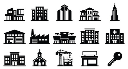 Fototapeta premium Set of black and white building icons representing various real estate commercial and residential property types