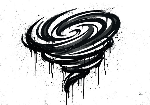 Abstract tornado hurricane swirl vector illustration with graffiti spray paint style grunge black splatters isolated on white background
