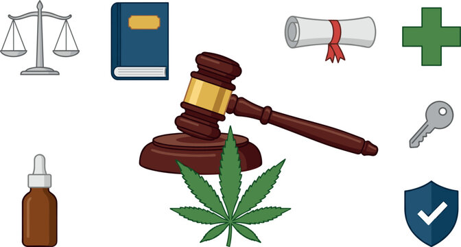 Flat vector illustration of cannabis legalization concepts with judge mallet green hemp leaf healthcare cross shield key and legal documents