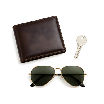 Men's everyday essentials flat lay with dark brown leather bifold wallet plain key and aviator sunglasses arranged on pure white background, masculine lifestyle product photography