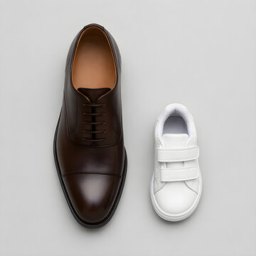 Large dark leather oxford dress shoe and small white child velcro sneaker placed side by side on light gray background, symbolic fatherhood and fathers day concept in flat lay style