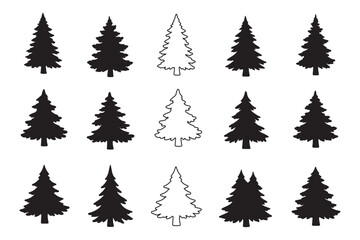Obraz premium Collection of black silhouette pine trees and one white outline tree