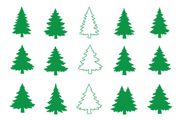 Obraz premium Collection of black silhouette pine trees and one white outline tree