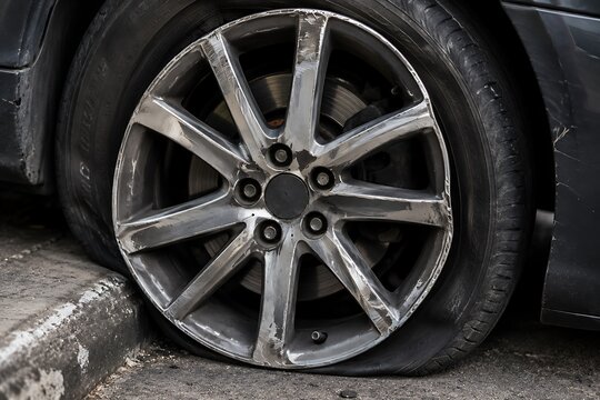 Close up view of a flat tire on a car wheel parked on the side of the road