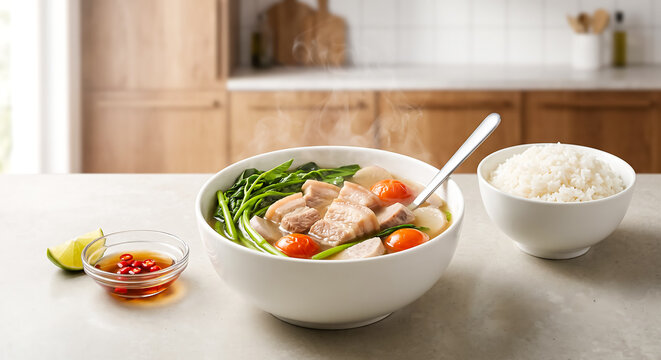 Steaming bowl of Filipino Sinigang na baboy in bright kitchen.