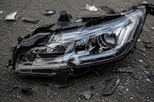 Close up of a damaged and broken car headlight lying on the asphalt road after an accident