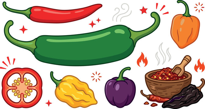 Hot chili peppers vector element set with red jalapeno green pepper habanero bell slice chili flakes bowl spice flakes isolated on white background