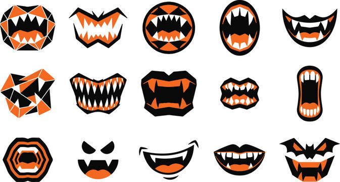 Set of vampire mouth and sharp teeth halloween icons