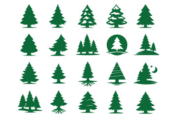 Obraz premium Pine tree silhouette vector set, fir tree vintage forest nature evergreen collection illustration