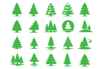 Obraz premium Pine tree silhouette vector set, fir tree vintage forest nature evergreen collection illustration