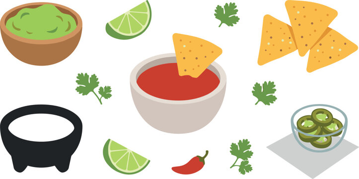 Mexican food vector element set featuring tortilla chips nachos guacamole tomato salsa sour cream jalapenos lime wedges cilantro and red chili pepper isolated on white background