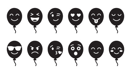 Variety of Black Silhouette Balloons with Diverse Emoji Facial Expressions