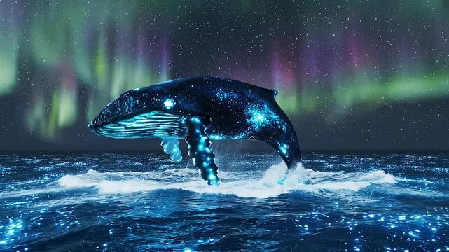 A breathtaking cinematic scene featuring a large whale breaching the deep blue sea at night, covered in bioluminescent patterns, with a vivid aurora borealis illuminating the dark starry sky above.